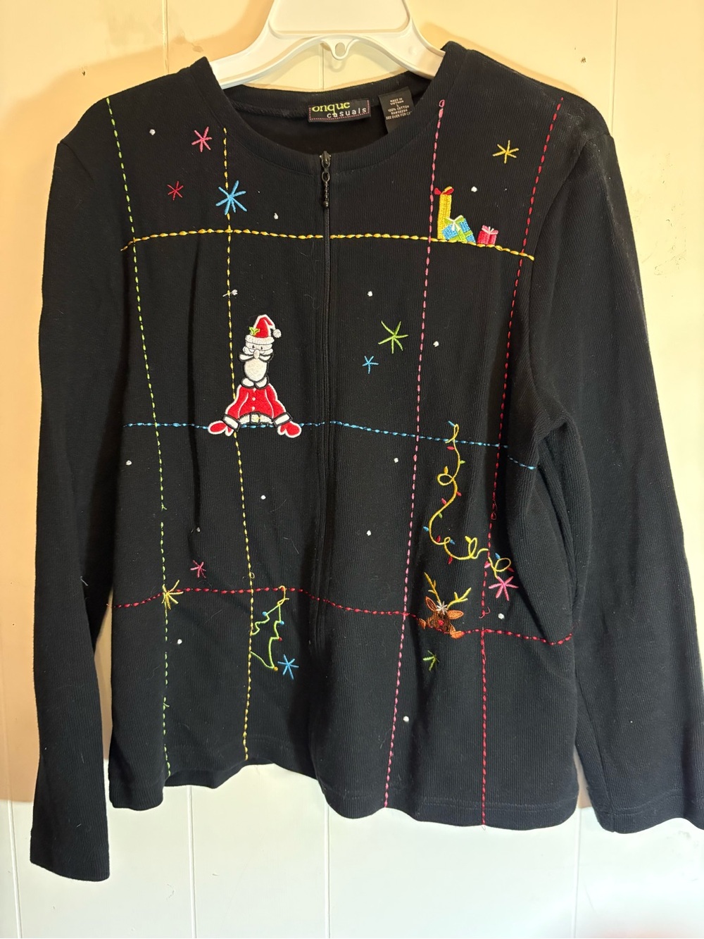 Onque Casuals Black Christmas Embroidered Cardigan Santa Sweater Women's Large